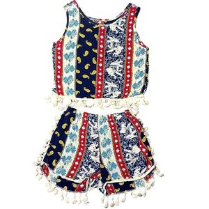 New Paris 2 Piece Matching Set Tribal Print Boho - Shorts / Tank with tassels